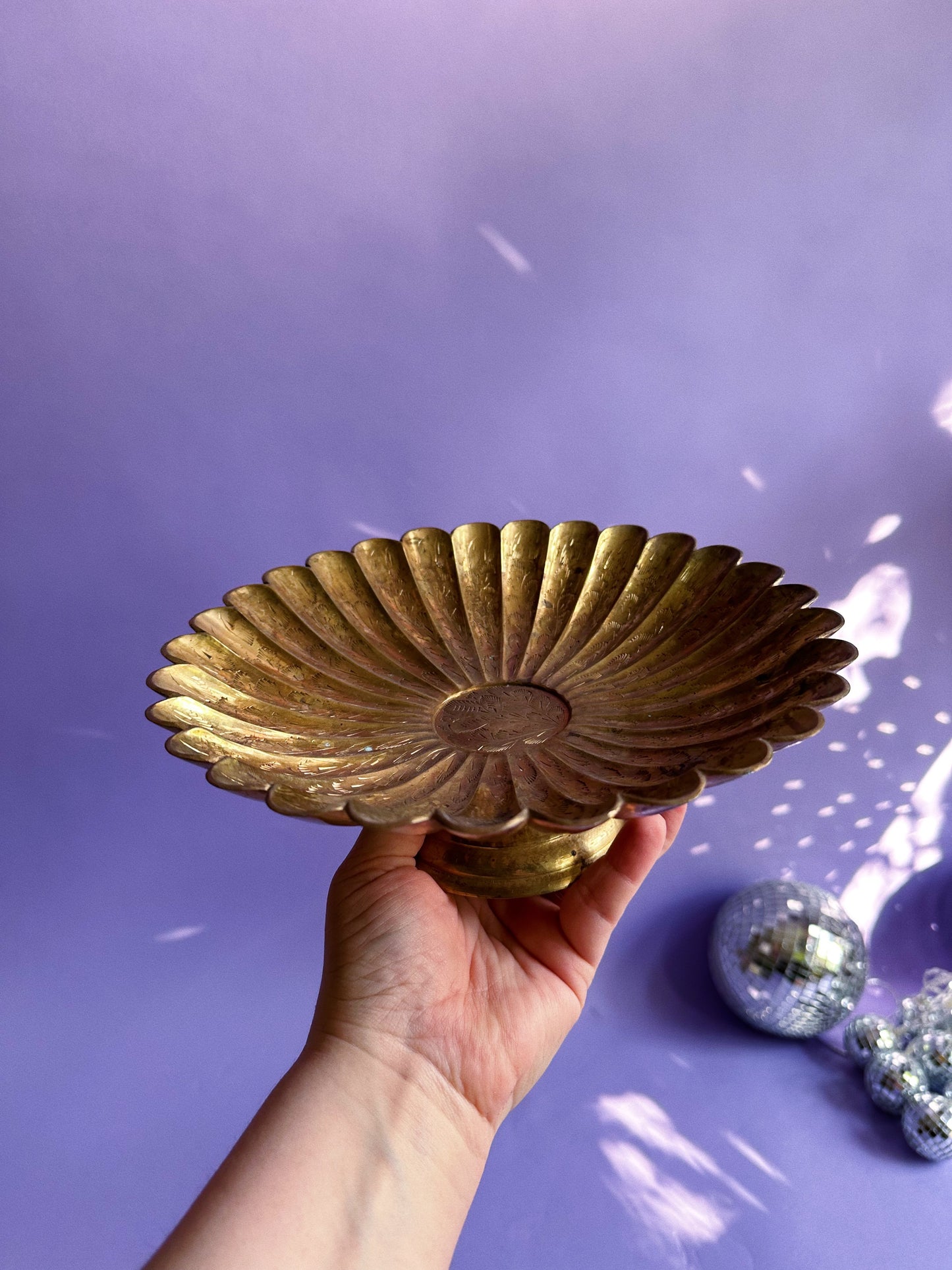 Gorgeous Vintage Etched Brass Daisy Shaped Footed Platter