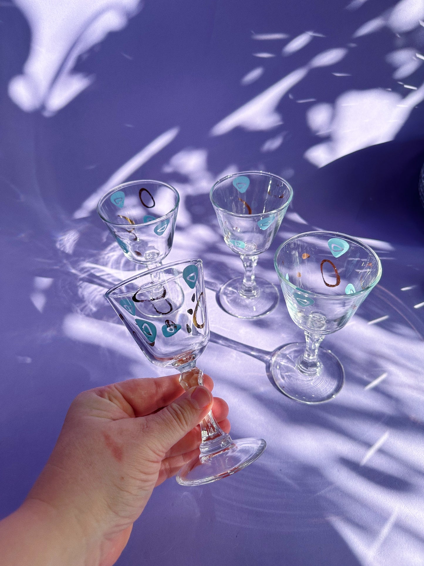 Set of 4 Federal Atomic-Amoeba Cocktail Glasses Wine Cordial MCM Gold Blue