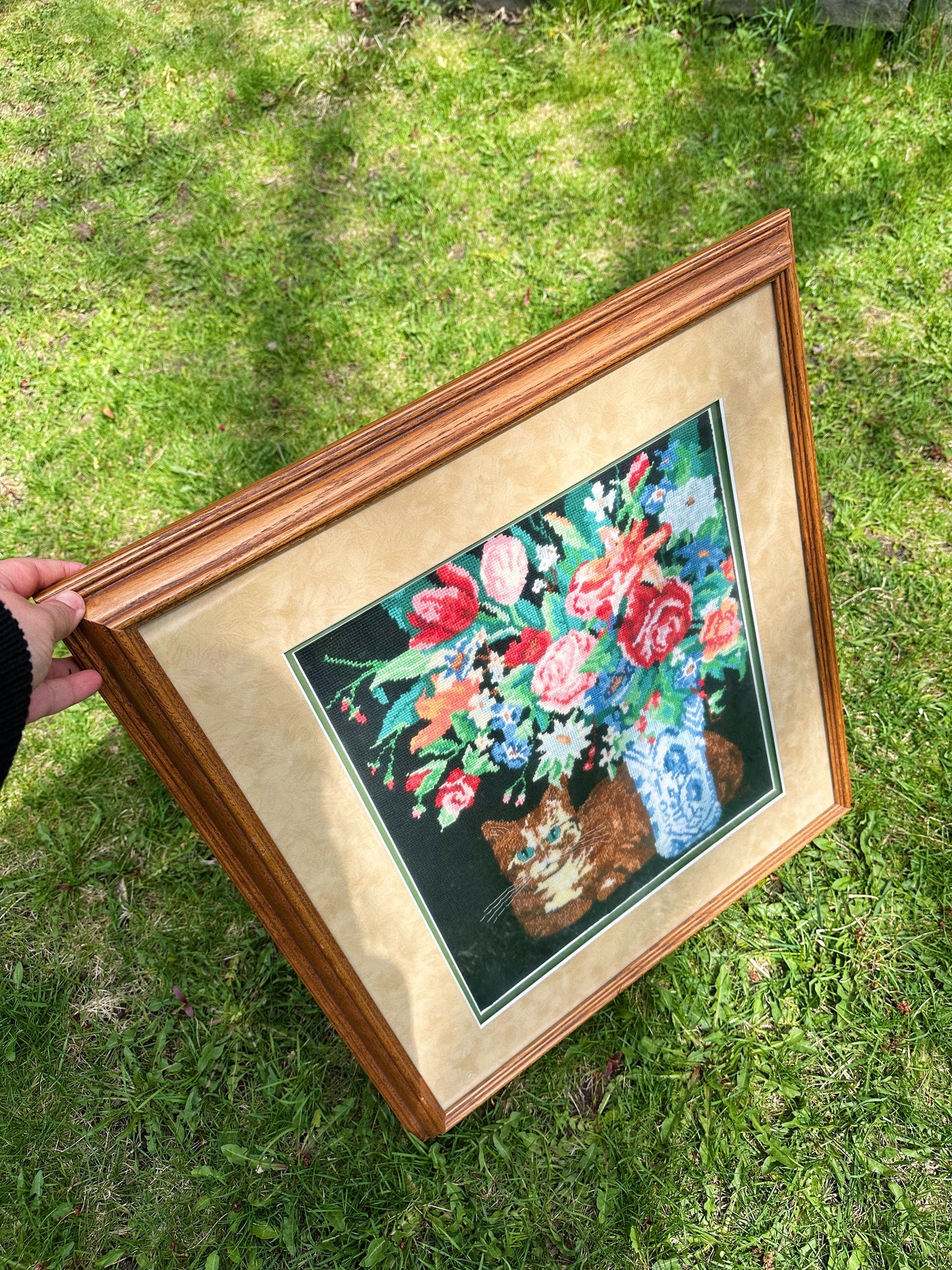 Vintage Framed Needlepoint “Contented Cat" 2413 Orange Tabby Flowers Hallmark