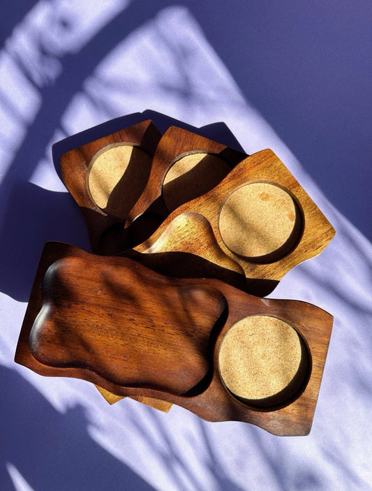 Vintage MCM 4 Pce Set of Wood Snack Trays with Cork Coaster Inlay Tempo Hardwood