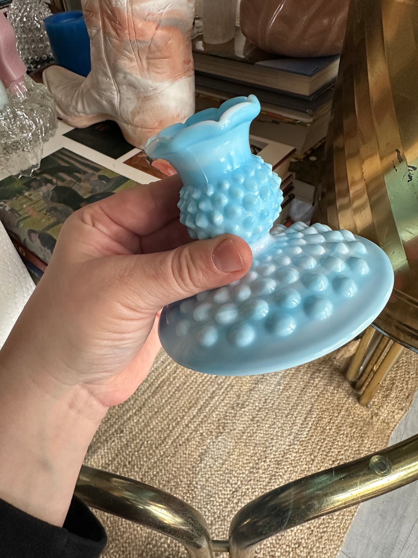 Vintage Fenton Blue Hobnail Glass Candlestick Pair Slag Glass