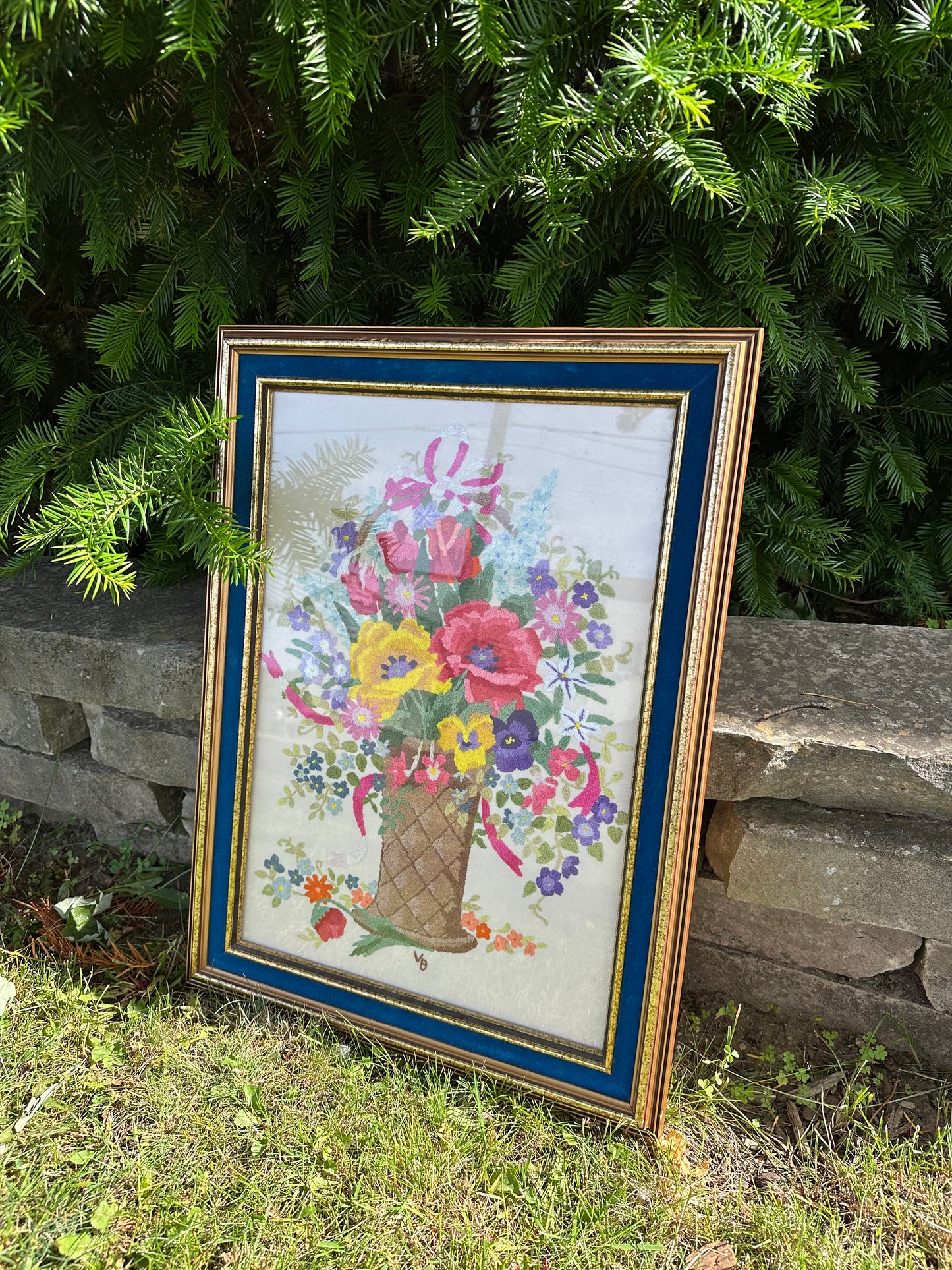 Vintage Framed Colourful Floral Vase Crewel