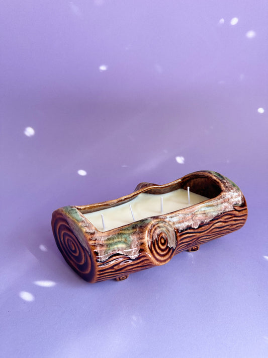 4 Wick Coconut Soy Teakwood Candle In A Vintage Ceramic Glazed Log