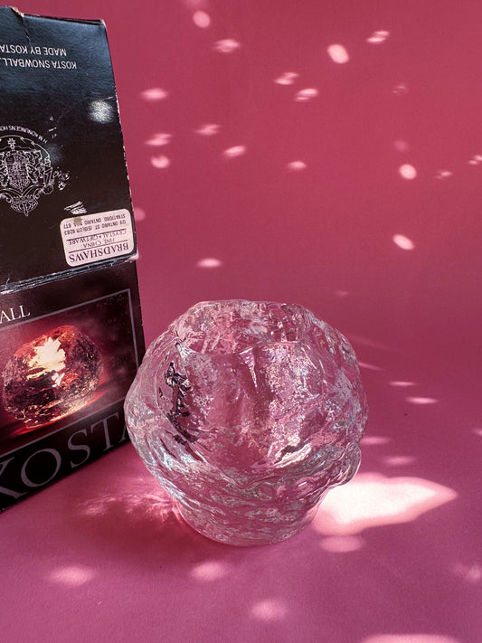 Vintage Kosta Boda Crystal Snowball Votive Sweden Tea Light Candle In Box