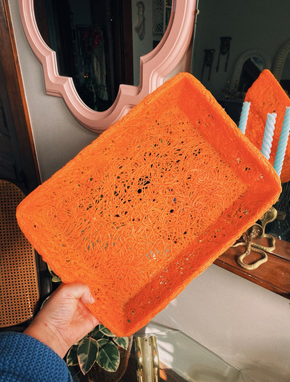 Vintage MCM Retro Orange Lucite Spaghetti Basket