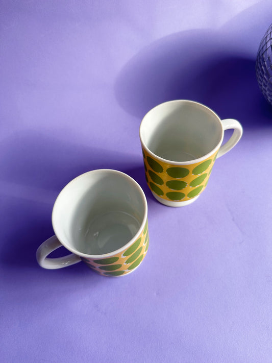 Pair of Vintage 70's Retro Green Yellow Footed Polka Dot Coffee Mug Tea Cups
