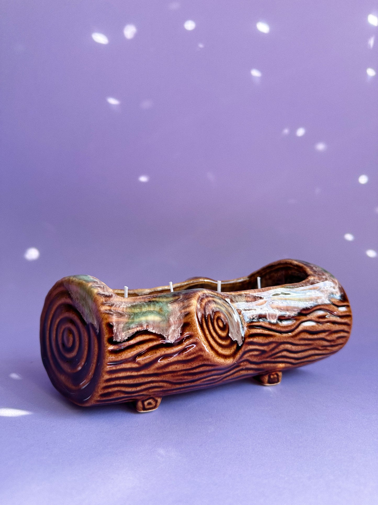 4 Wick Coconut Soy Teakwood Candle In A Vintage Ceramic Glazed Log