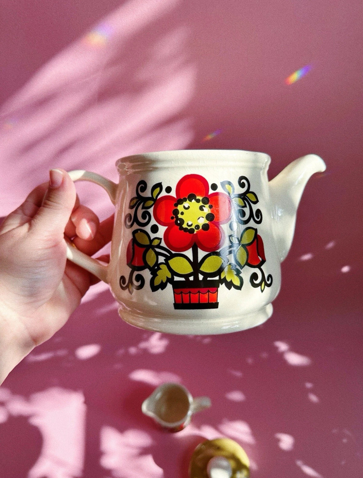 Sadler England Vintage 70s Ceramic Teapot & Creamer Orange Gold Green Floral MCM