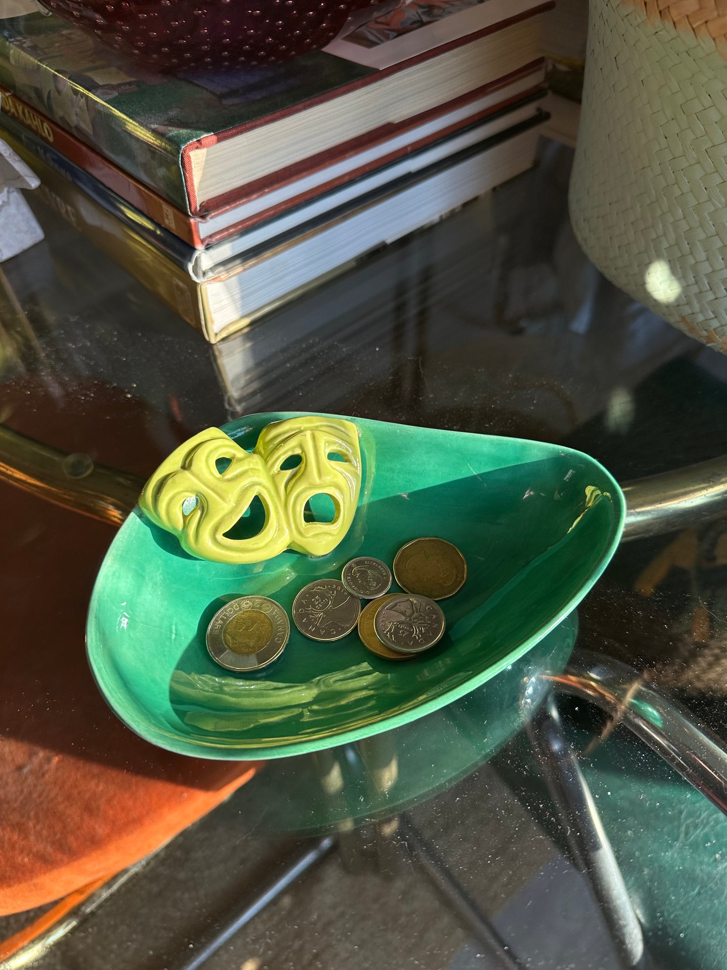 Vintage Mid Century Modern Green / Lime Dish W/ Comedy Tragedy Masks
