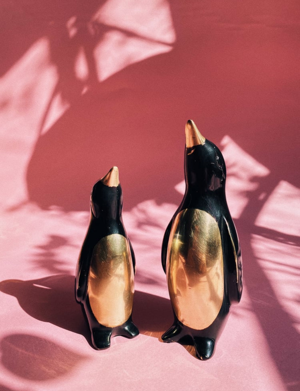 Vintage MCM Solid Brass & Enamel Penguin Figurines