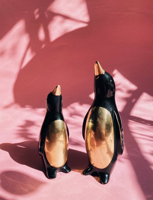 Vintage MCM Solid Brass & Enamel Penguin Figurines