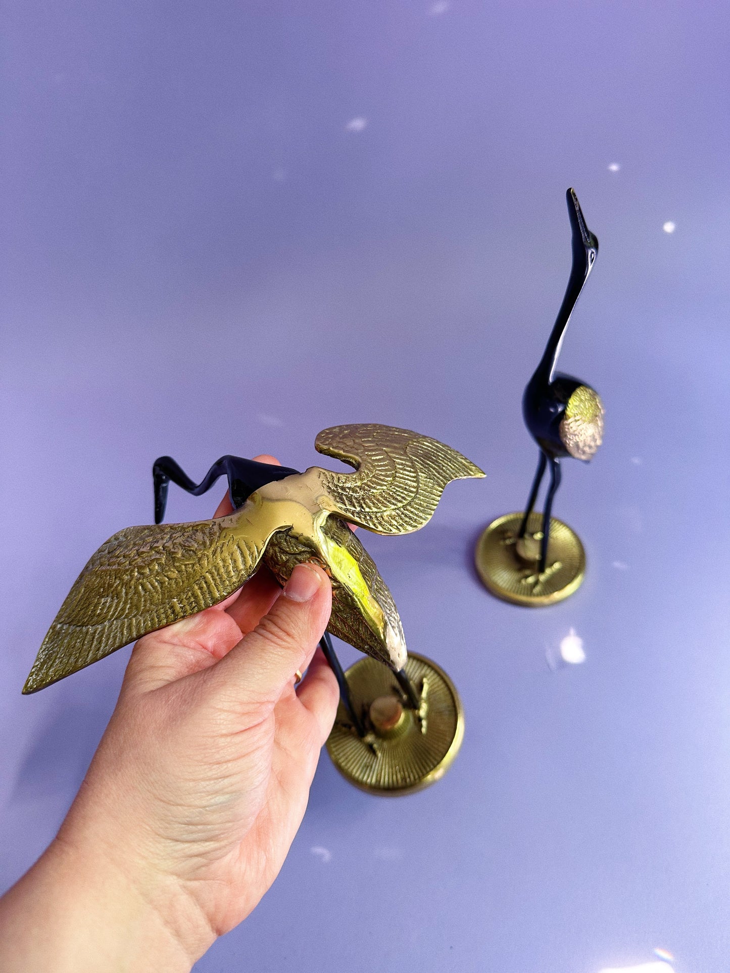 Vintage MCM Brass & Black Enamel Herons / Cranes Sculptures