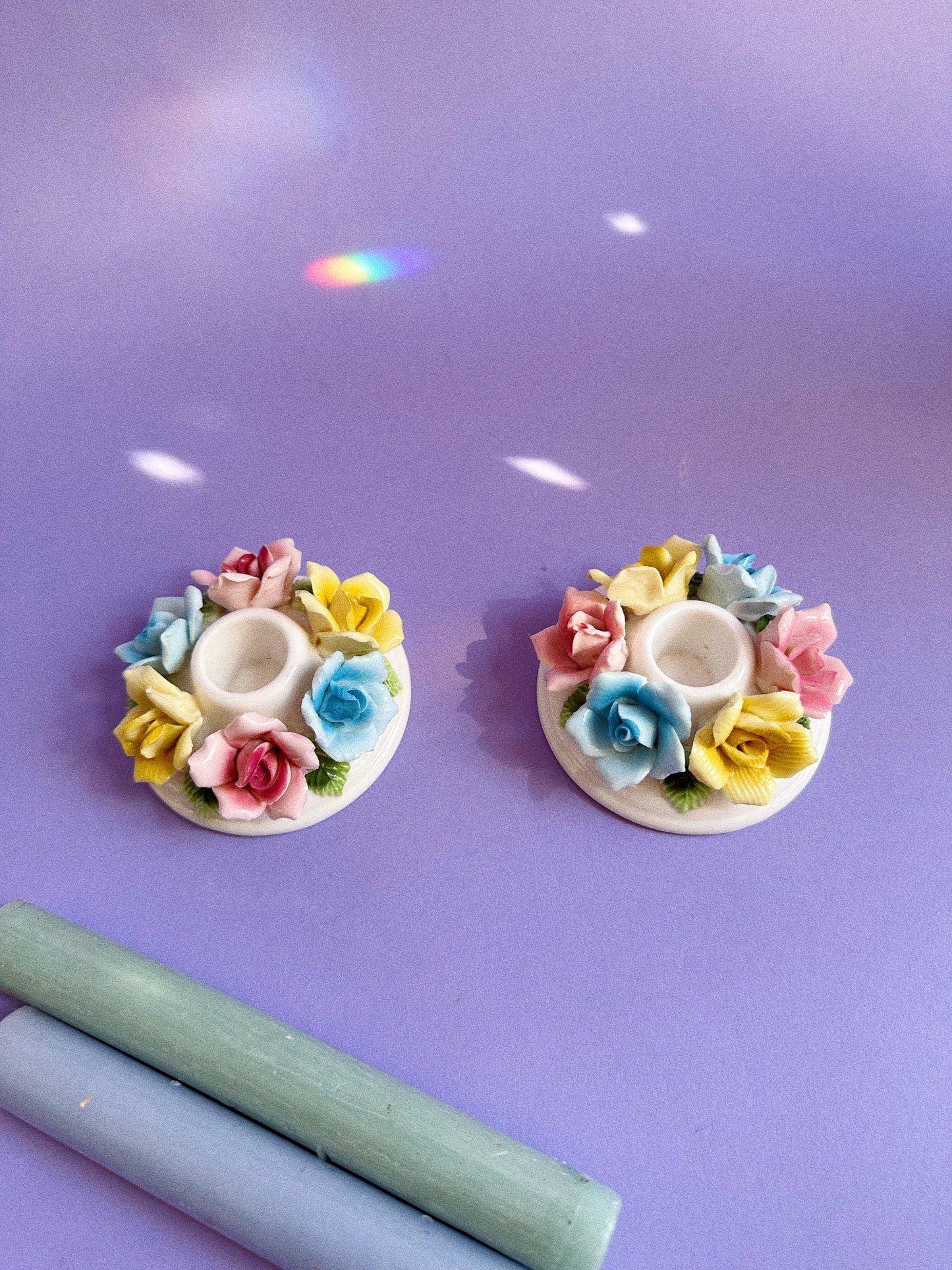 Vintage Taper Candle Holders Ceramic Flowers Pastel Japan Pink Blue Yellow