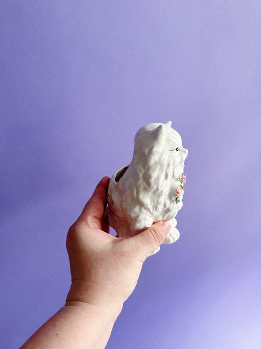 Vintage Ceramic Fluffy White Cat Planter