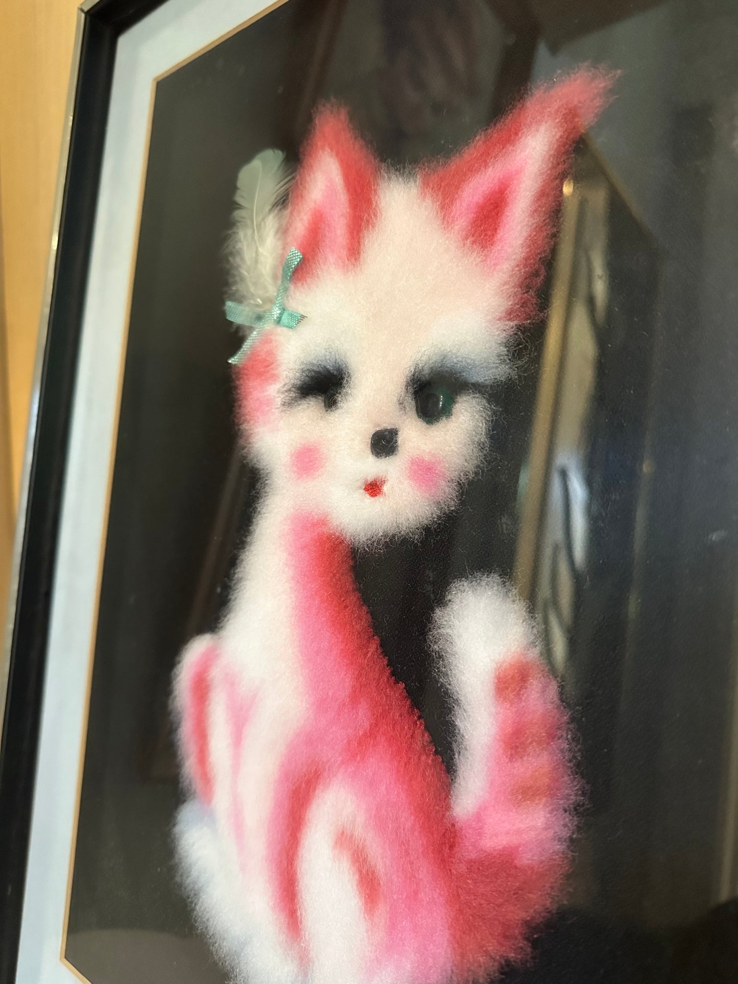 Vintage Japanese Matsuhato Bunka Punch Embroidery Pink Cat Framed