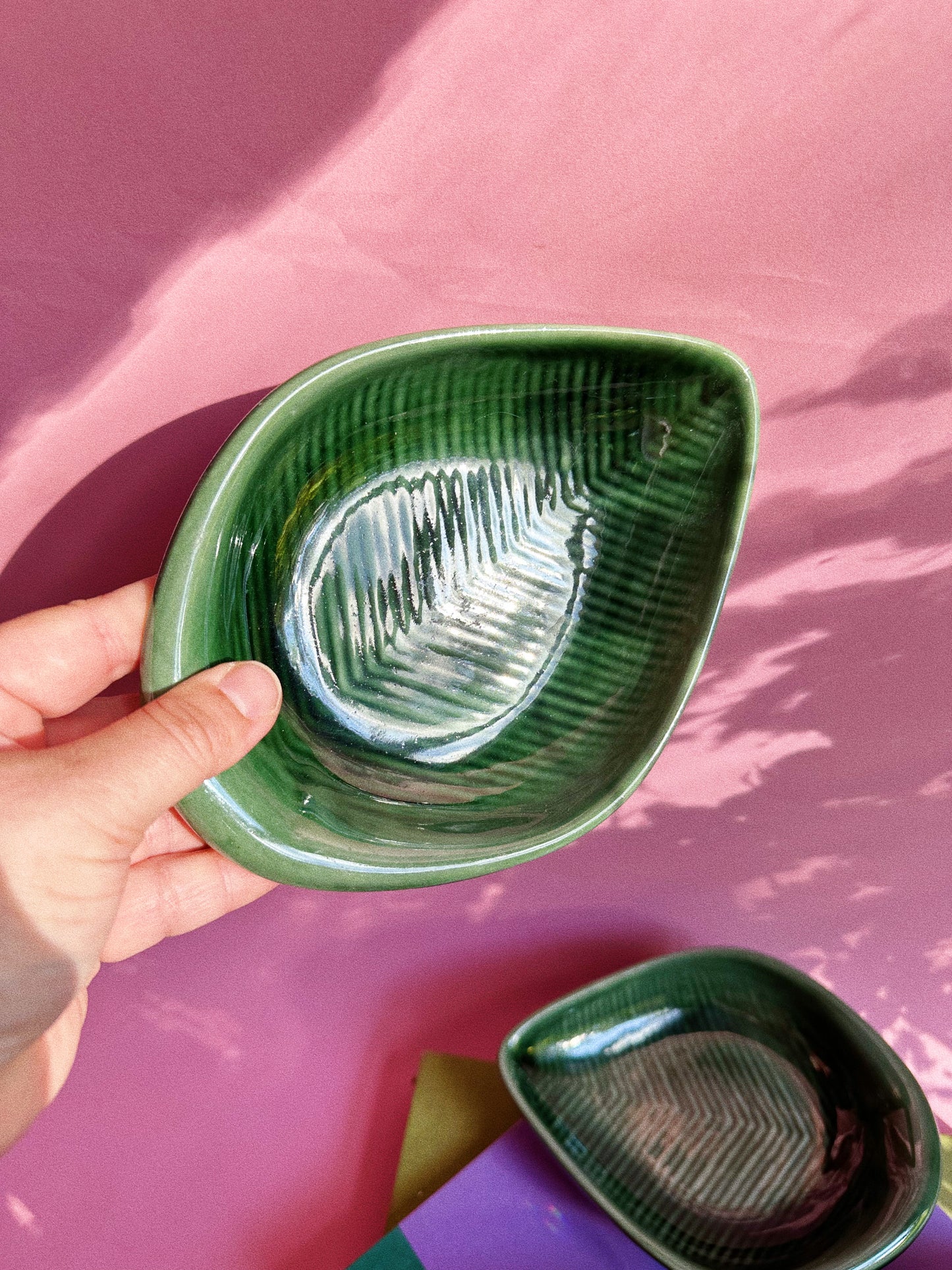 Set of 6 Green Leaf Glazed Pottery Serving Dishes