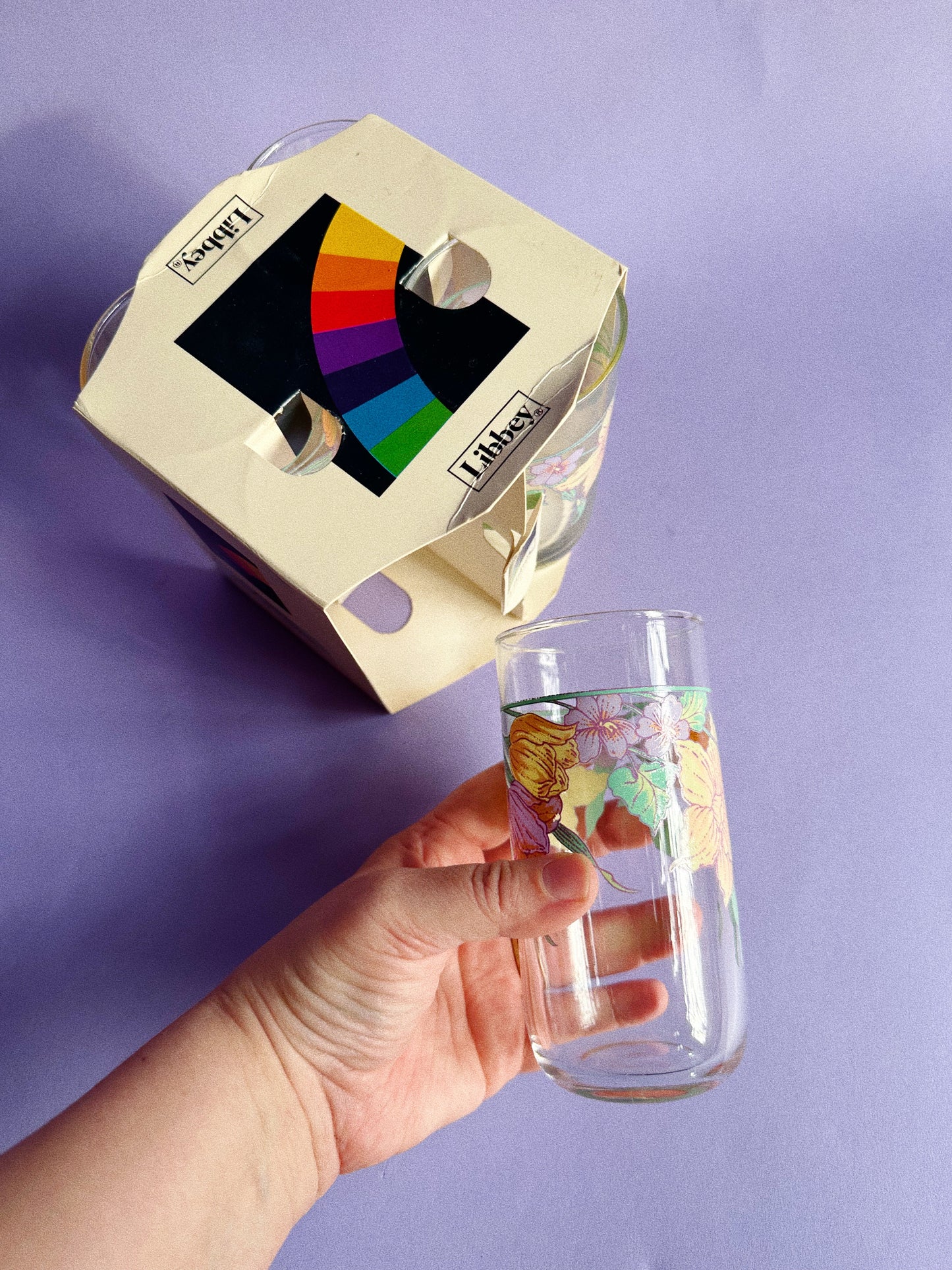 NIB Vintage Libbey Glass Floral Glasses 13 OZ Set of 4 Made In USA