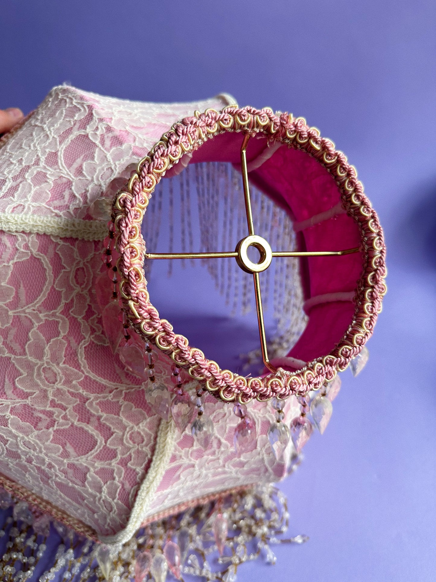 Pair of Victorian French Large Lamp Shade Lace "Blush" Pink Bead Fringe Scallop