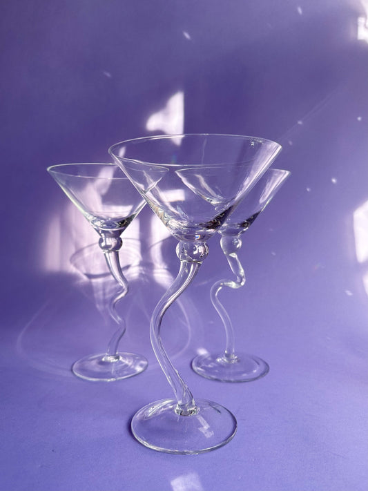 Vintage Tall Large Squigly Stemmed Martini / Cocktail / Mocktail Glasses