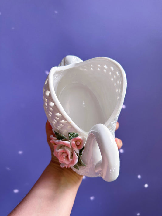 Vintage Porcelain Swan Planter w/ 3D Floral Decor