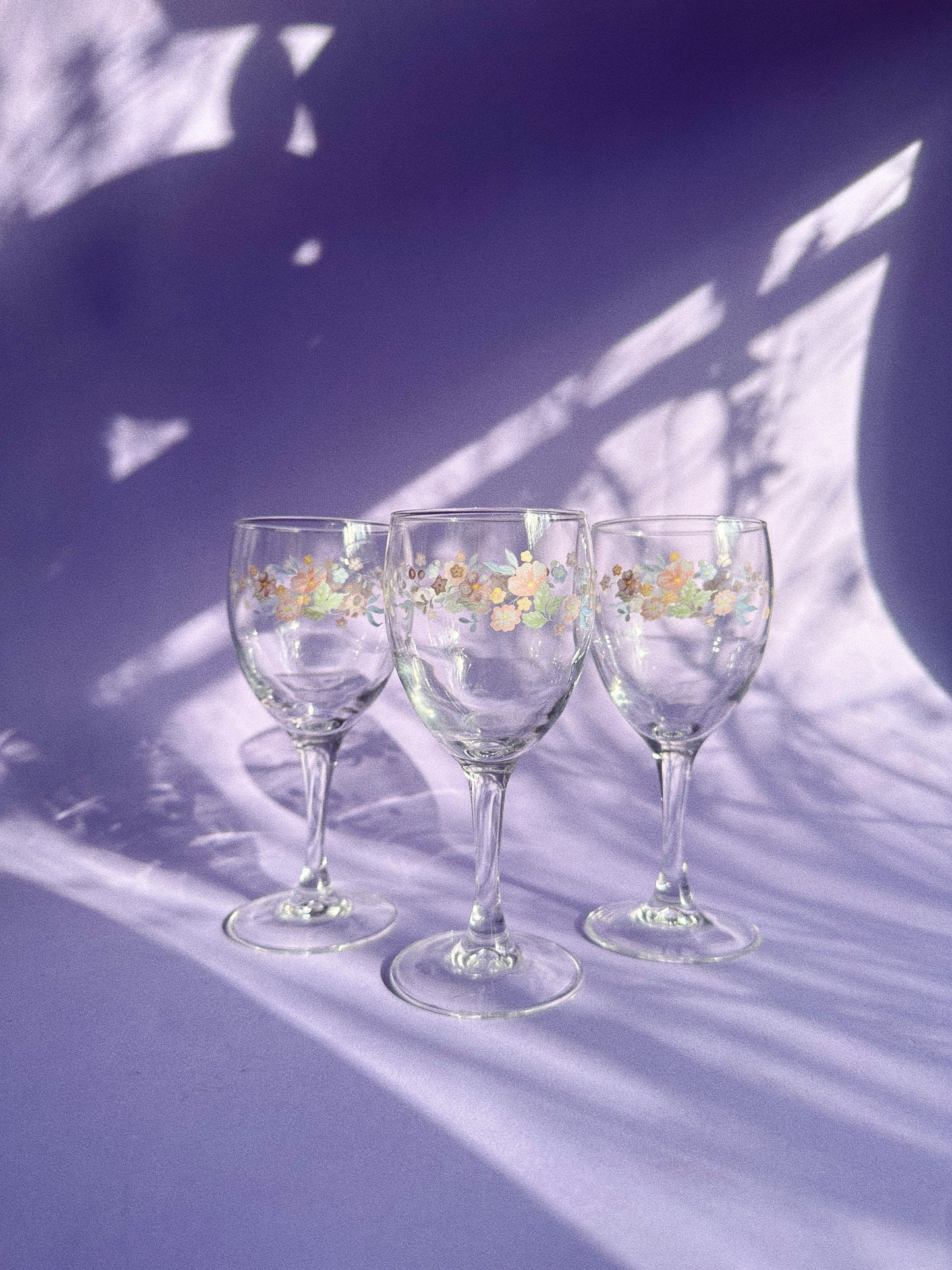 Set of 3 ‘90s Arcopal Floral Wine Glasses