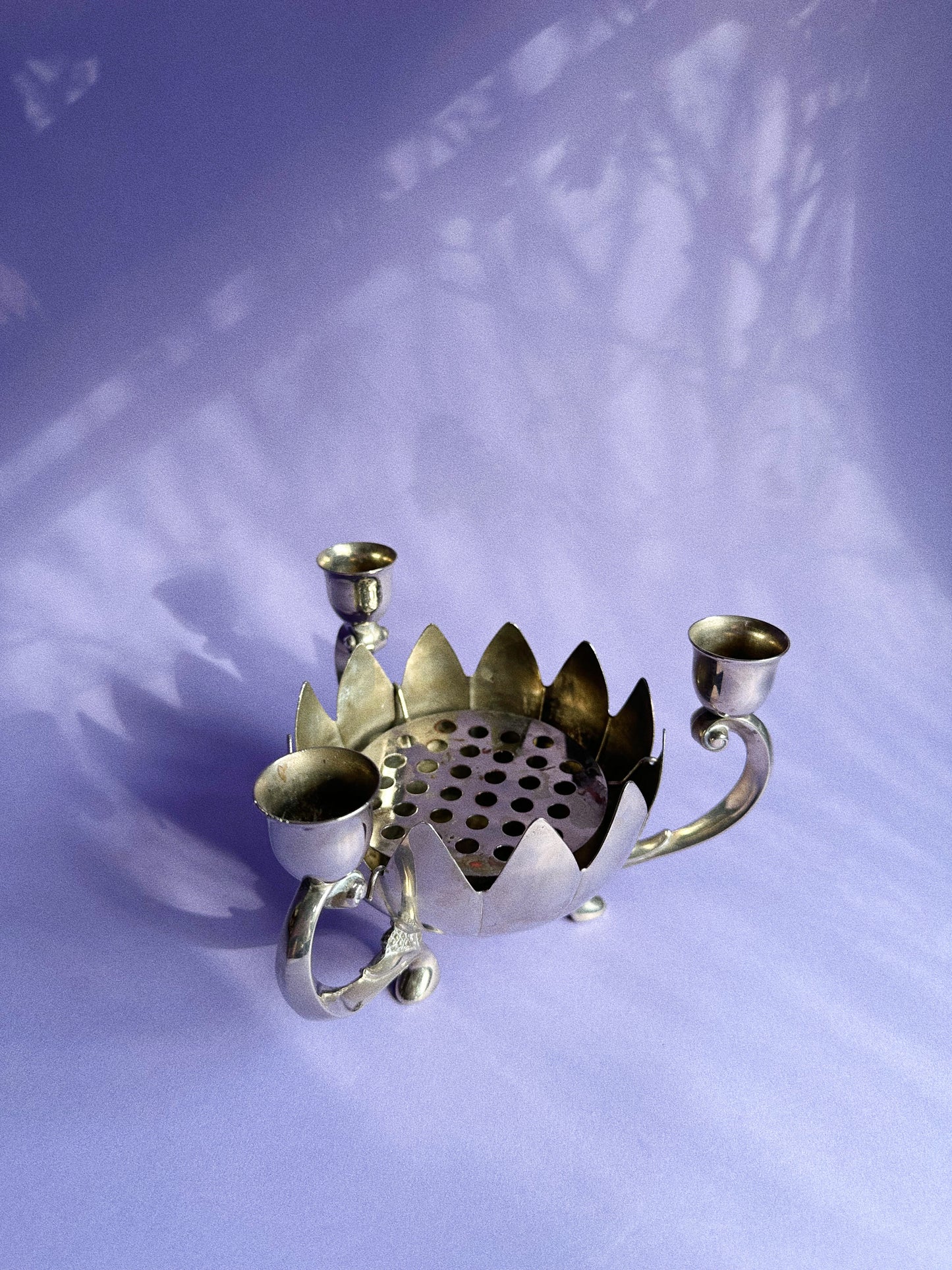 Vintage Silver Plated Candle Holder Water Lily Lotus Flower Frog