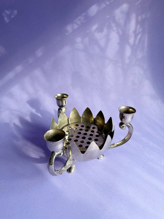 Vintage Silver Plated Candle Holder Water Lily Lotus Flower Frog