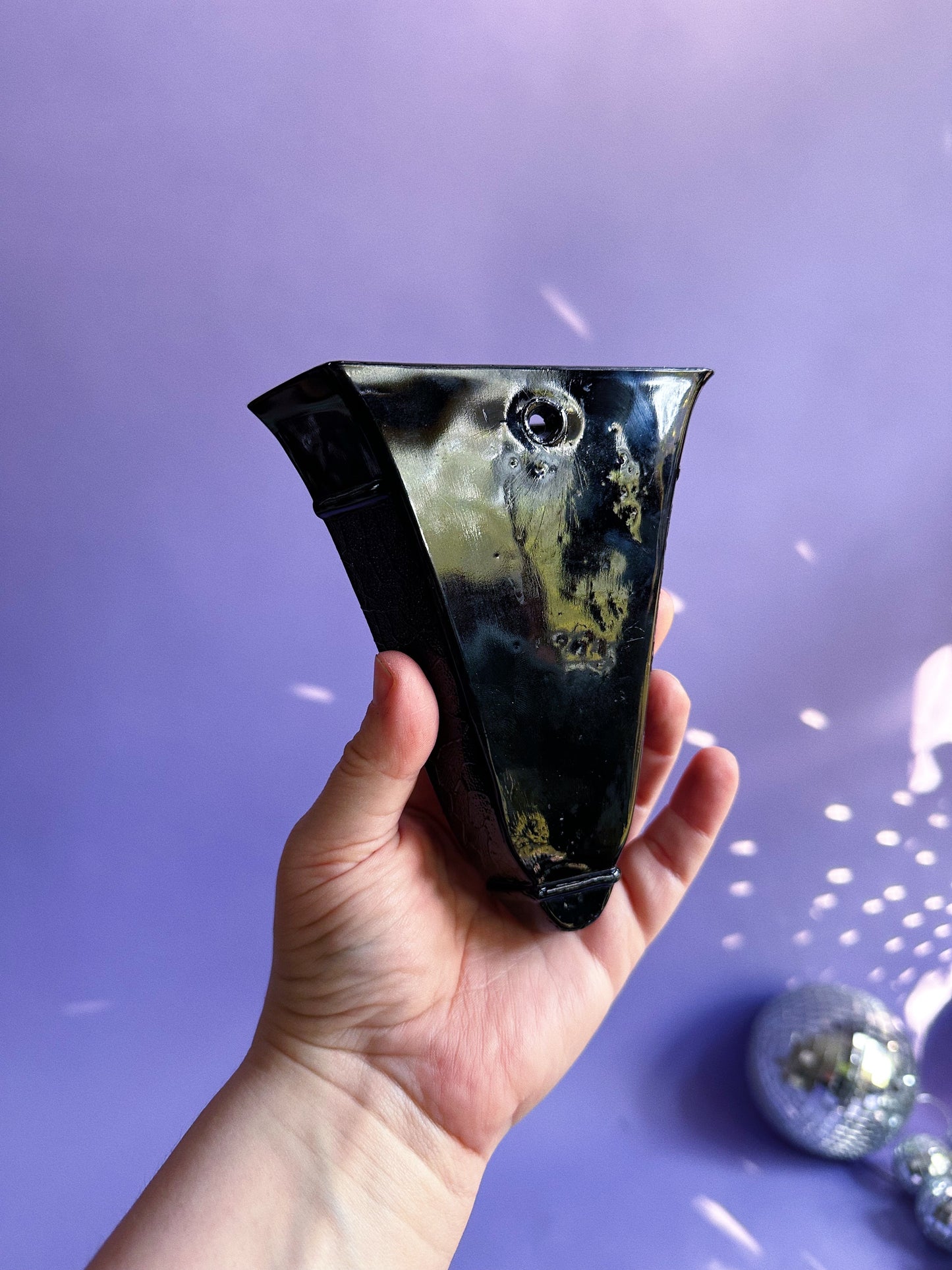 Old Black Glass Black Amethyst Wall Pocket Vase With Design