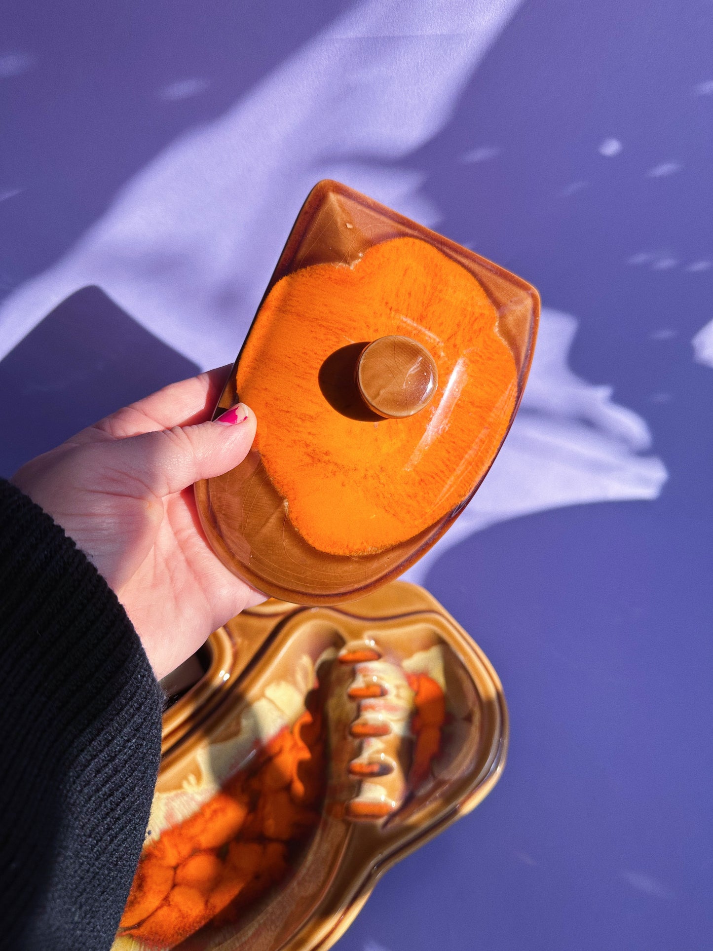 Vintage MCM Ceramic Drip Glazed Large Orange Ashtray Stashtray and Lighter