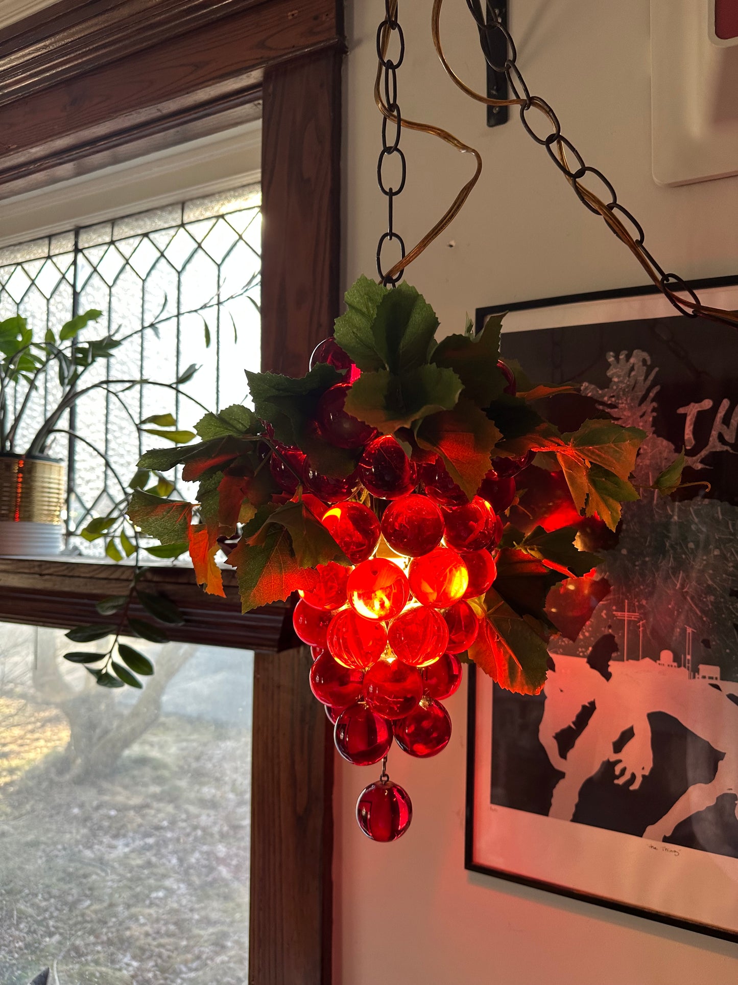 Vintage Large MCM 60s Hanging Swag Lamp of Lucite Grapes Red Cluster Vines Heavy