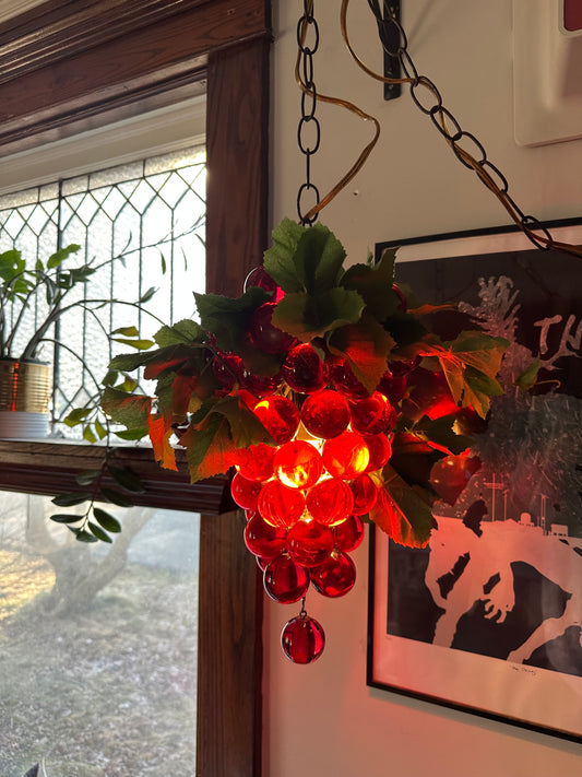 Vintage Large MCM 60s Hanging Swag Lamp of Lucite Grapes Red Cluster Vines Heavy