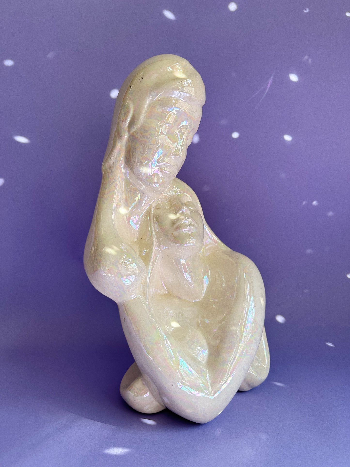 Vintage Large White Iridescent Couple Lover's Sculpture Art Deco 80's Bust Statue