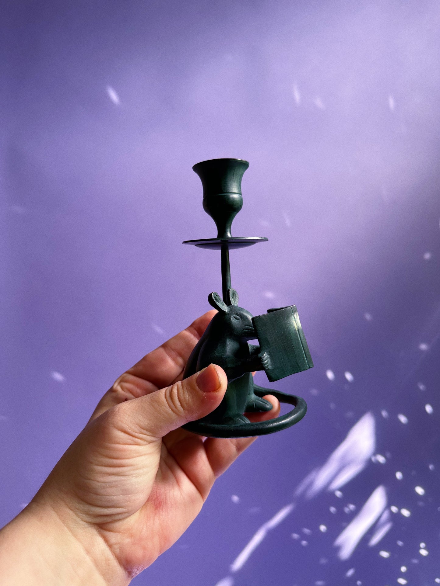 Vintage Book Reading Mouse Metal Green Candlestick for Tapers