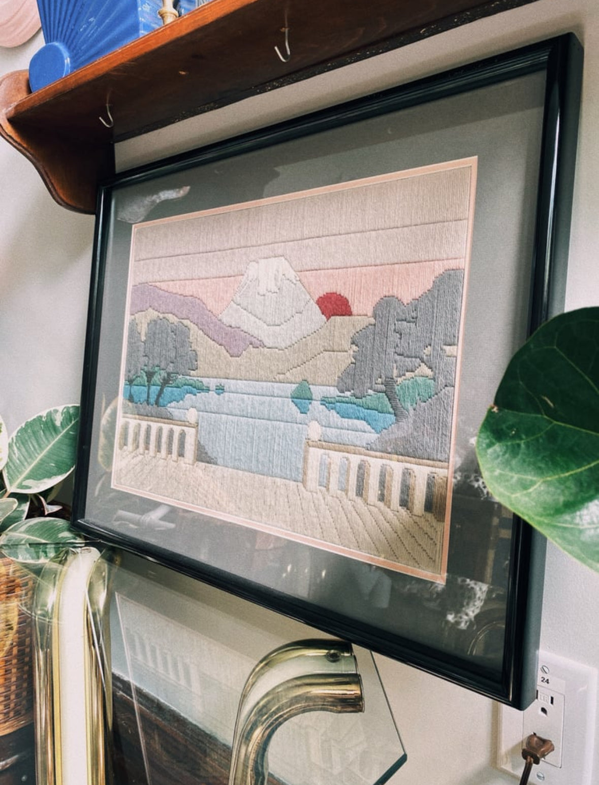 Beautiful Vintage Framed Sunset Crewel Art