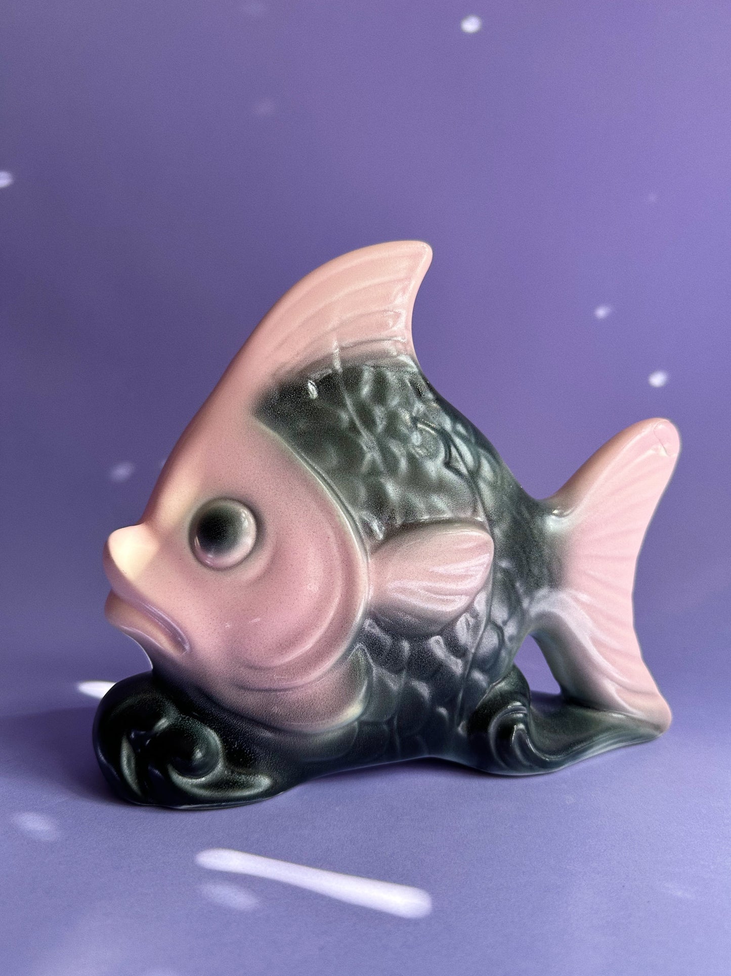 Angel Fish Wall Pocket Planter Black & Pink Vintage MCM Ceramic Pottery