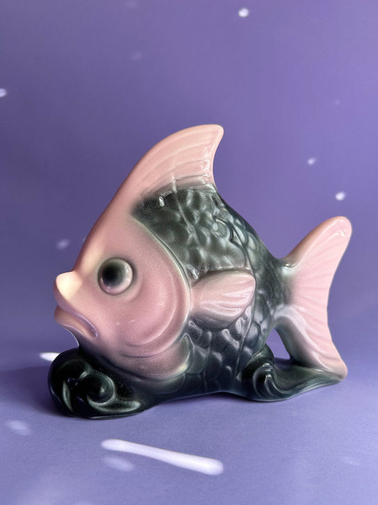 Angel Fish Wall Pocket Planter Black & Pink Vintage MCM Ceramic Pottery