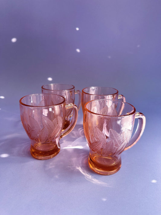 Vintage KIG Indonesia Pink Depression Glass Mugs - Leaf Pattern Set of 4
