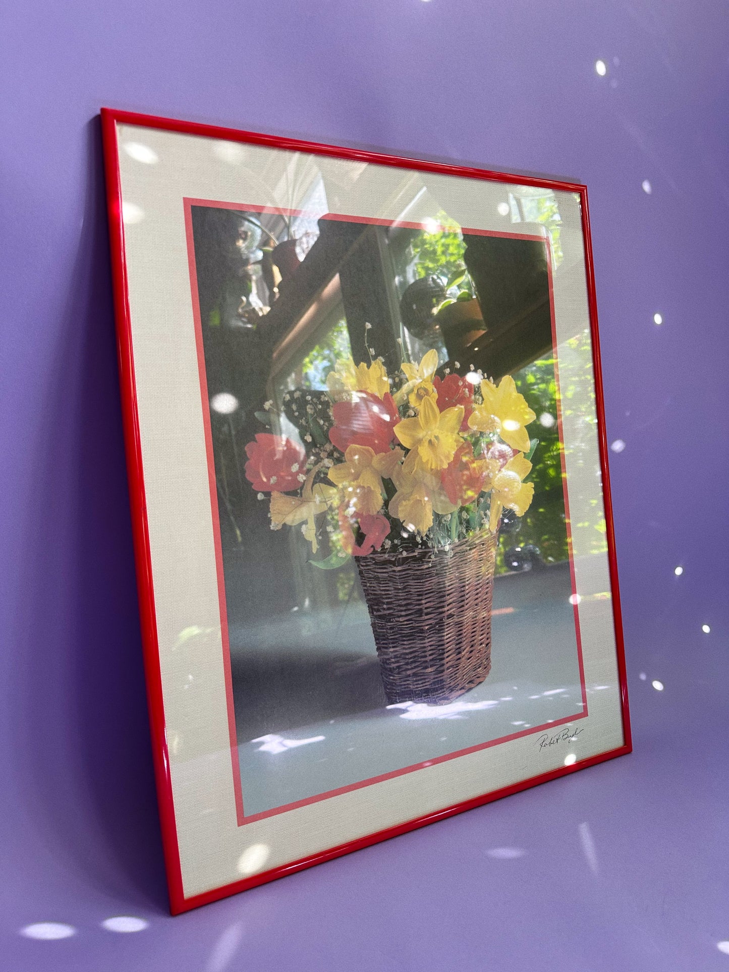 Vintage 80s Post Modern Red Framed Floral Print Wall Hanging