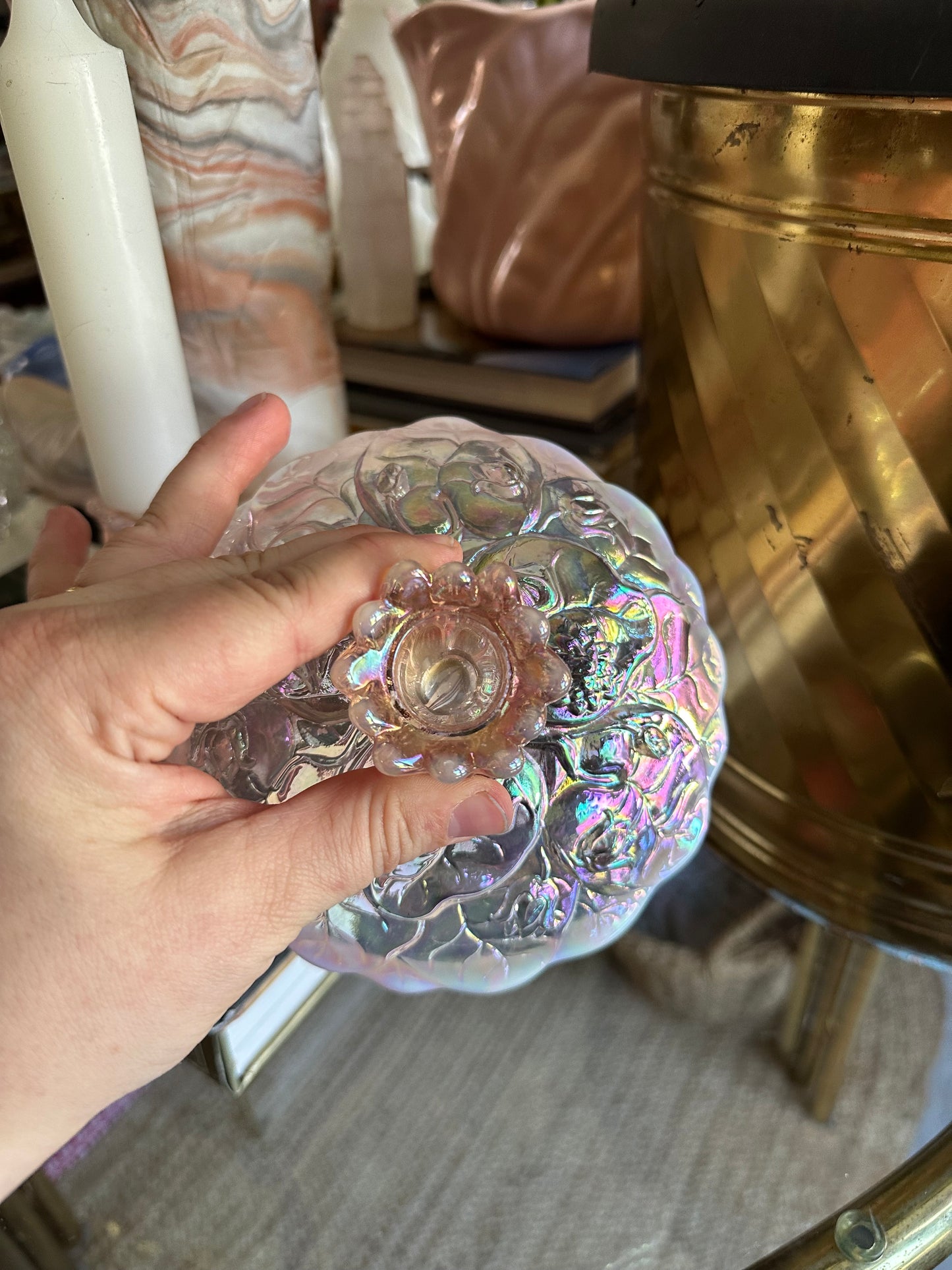 Vintage Fenton Pink Opalescent Carnival Glass Water Lilly Candlestick Holders