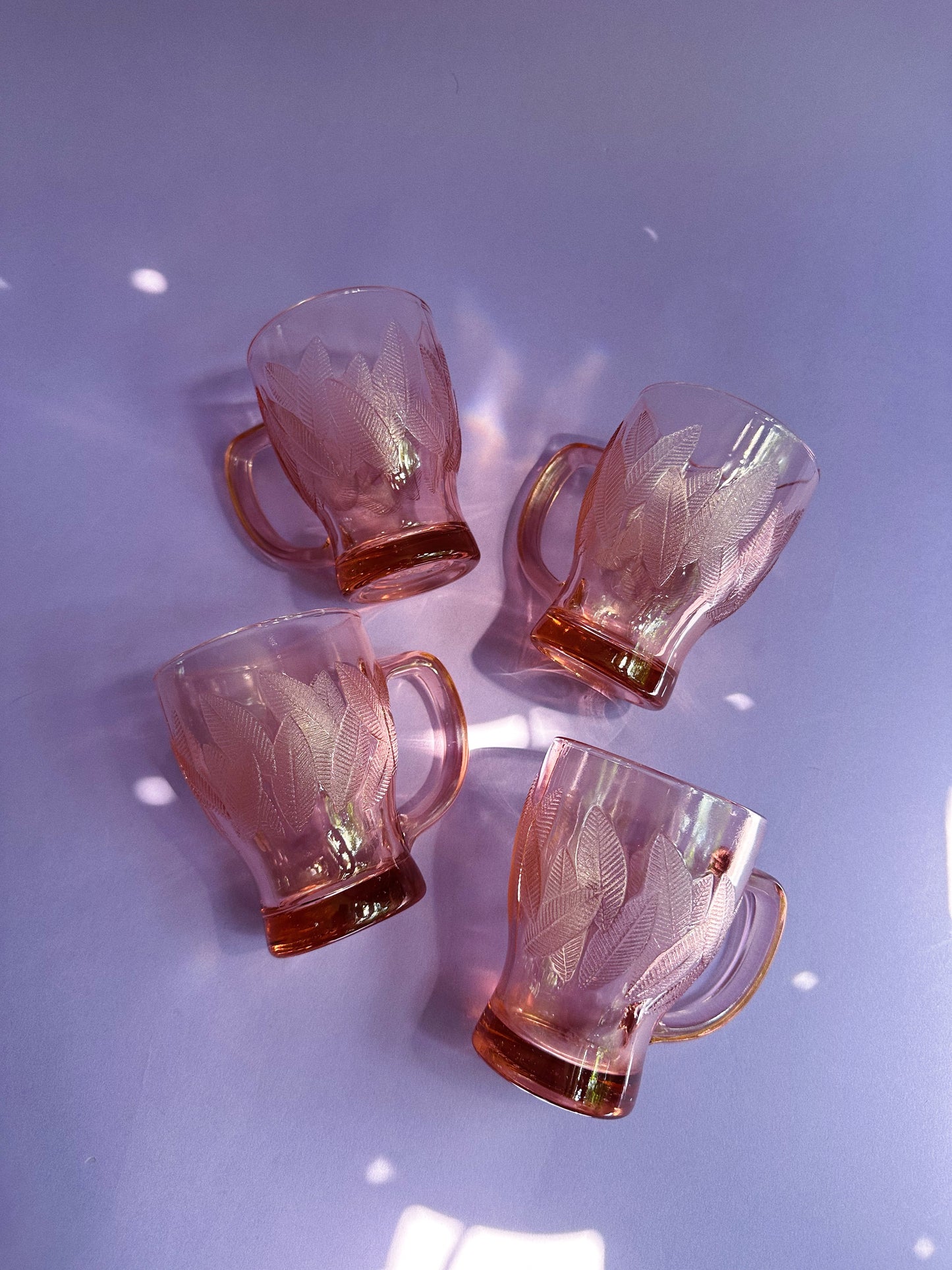 Vintage KIG Indonesia Pink Depression Glass Mugs - Leaf Pattern Set of 4