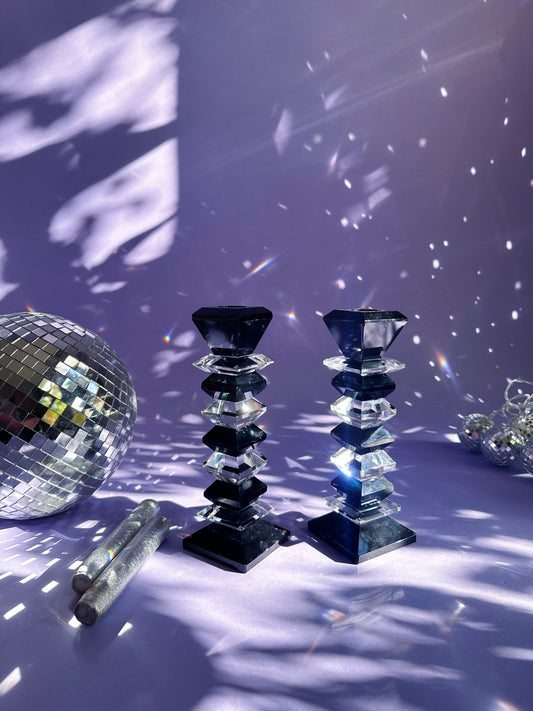 Vintage Heavy Crystal Black & Clear Candle Holders Candlesticks