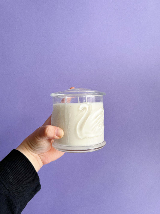 Vanilla Mint & Lavender Candle in a Vintage Swan Gloria Vanderbilt Lidded Glass Jar