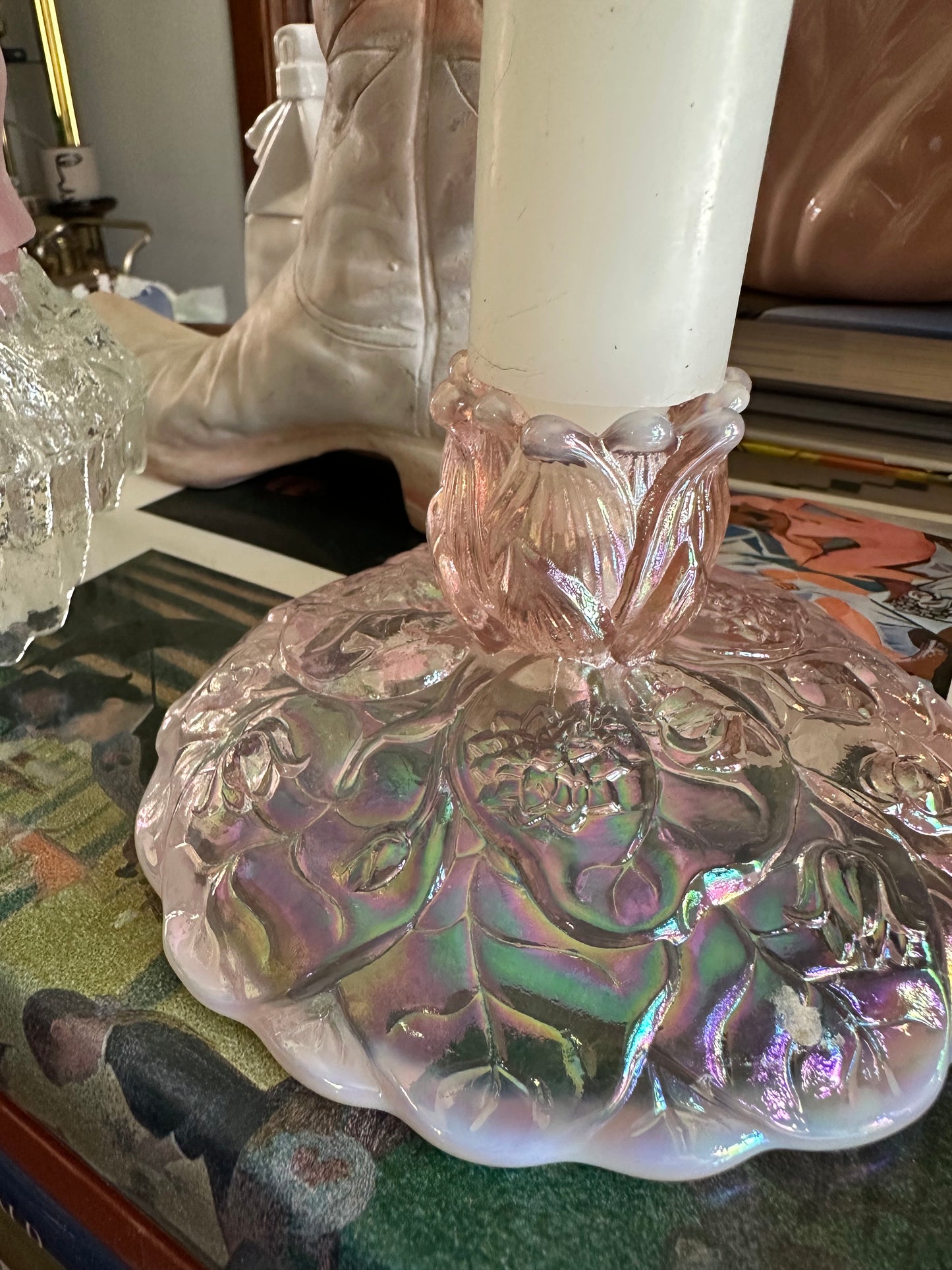 Vintage Fenton Pink Opalescent Carnival Glass Water Lilly Candlestick Holders