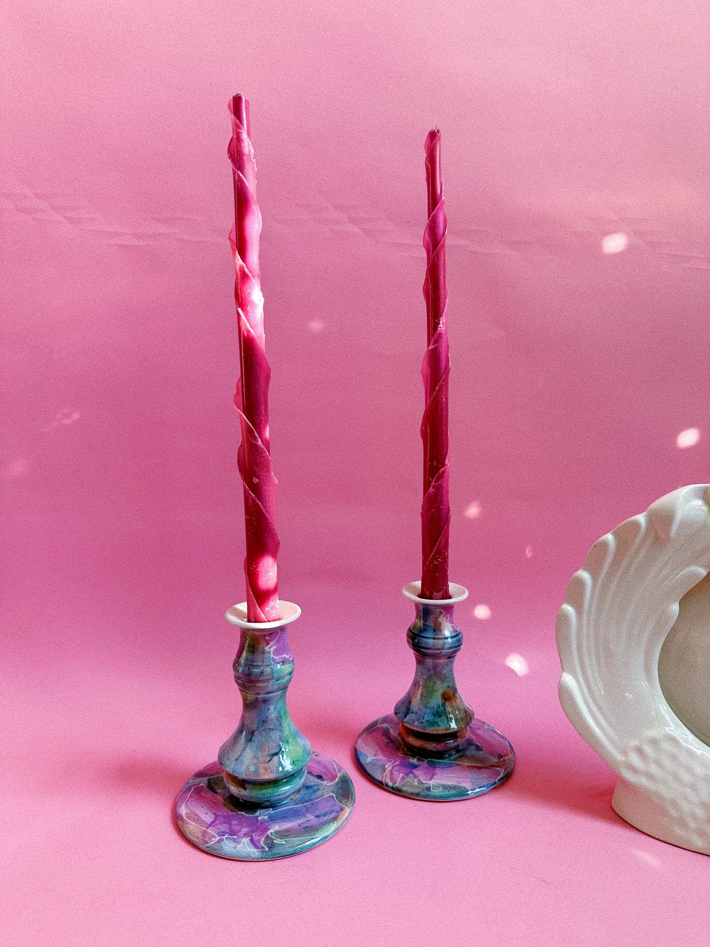 Vintage Ceramic Watercolour Glazed Candlesticks