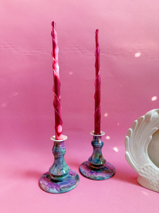 Vintage Ceramic Watercolour Glazed Candlesticks