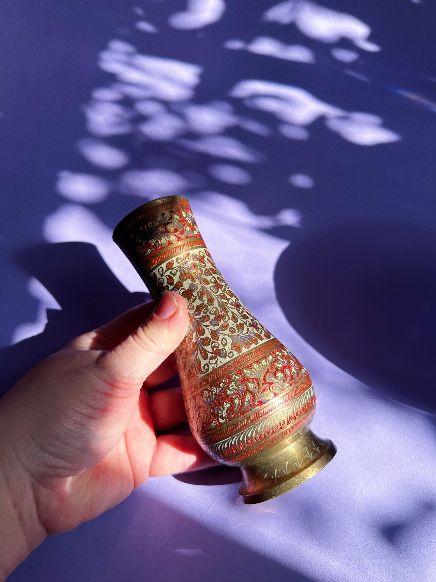 Vintage Orange Glowing Brass Vase W Enamel Detail