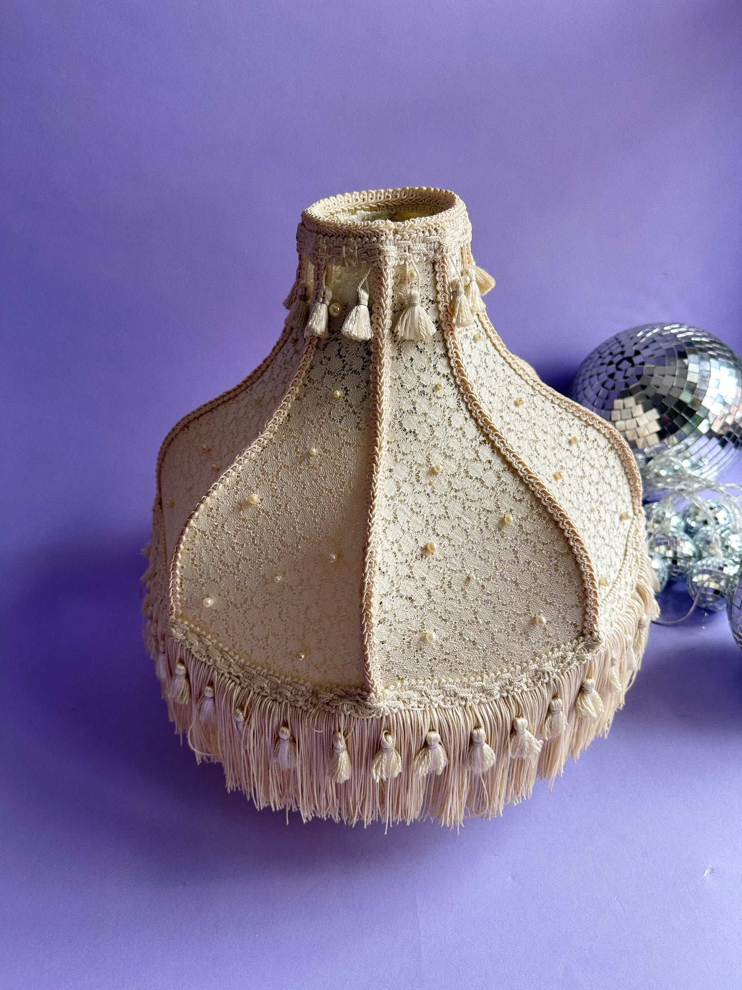 Vintage Boudoir Table Lamp Shade Ivory Cream Fringe Scallop Pearls Tassel