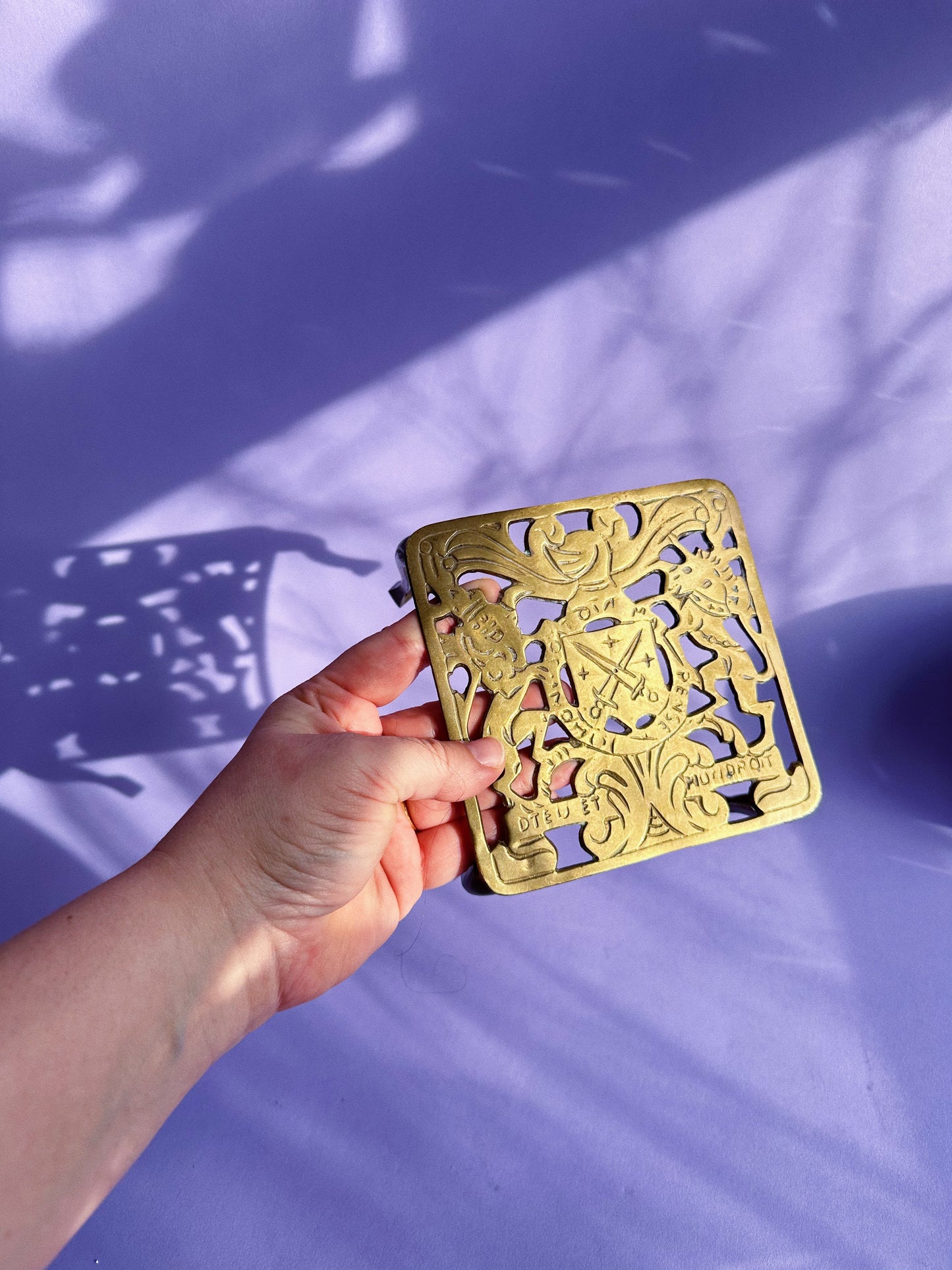 Antique Brass Tea Pot Stand, Royal Coat of Arms Design Vintage Solid