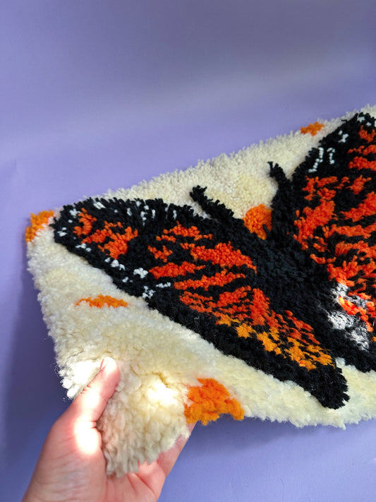 Vintage 1970s Monarch Butterfly Latch Hook Wall Tapestry Rug Yellow Orange
