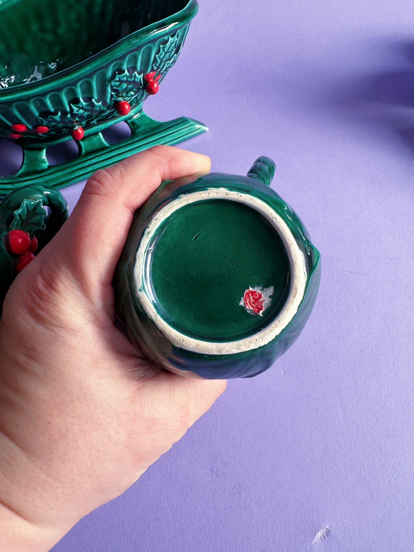 Vintage Lefton Ceramic Set Green Holly Red Berry Teapot, Sugar, Creamer & Sleigh